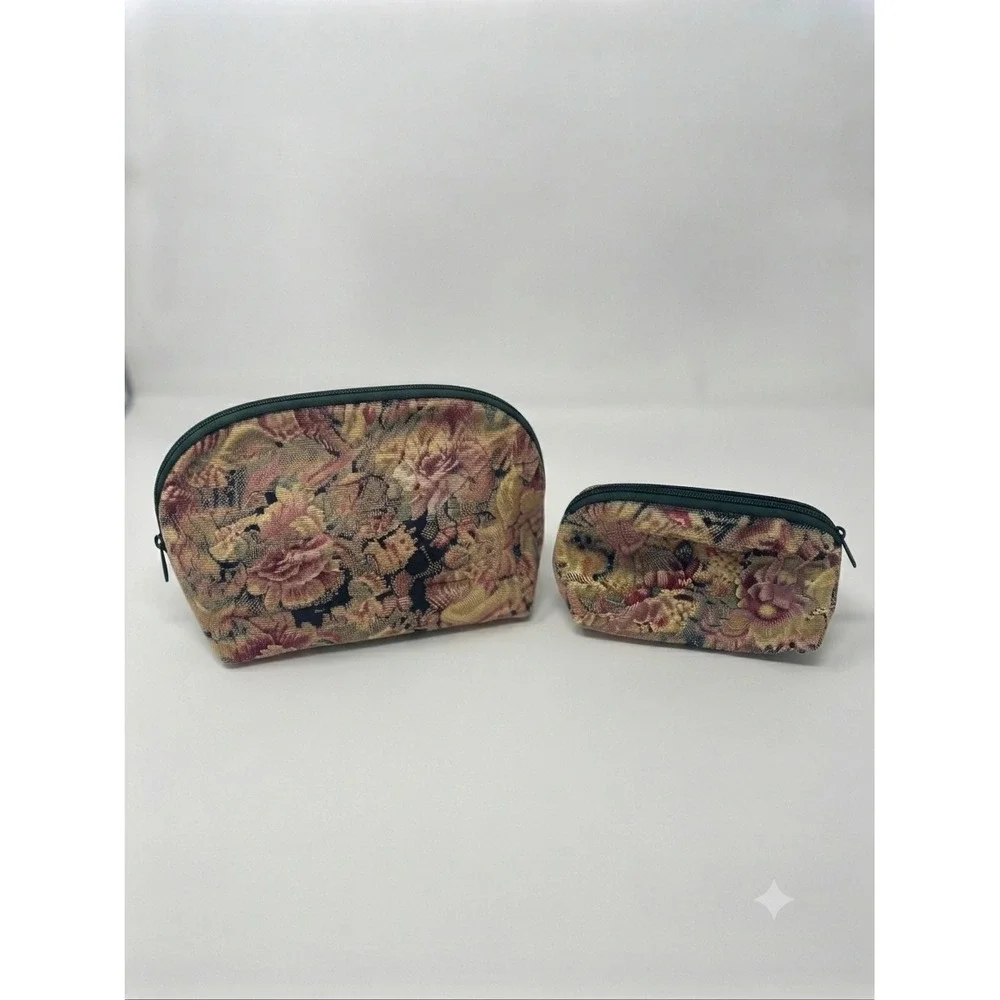 Allegra Pacific Vtg Floral Tapestry Cosmetic Bag Set 2pc Green Woven Pouch Case